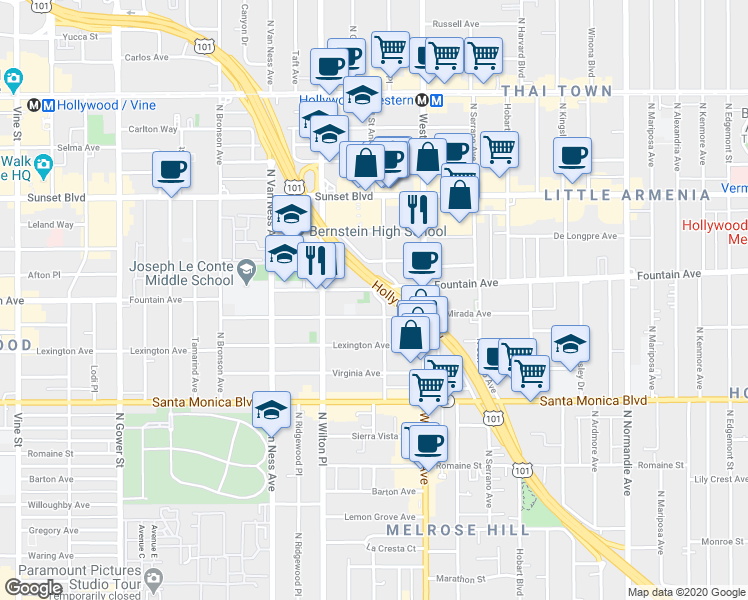 map of restaurants, bars, coffee shops, grocery stores, and more near 1265 North Saint Andrews Place in Los Angeles