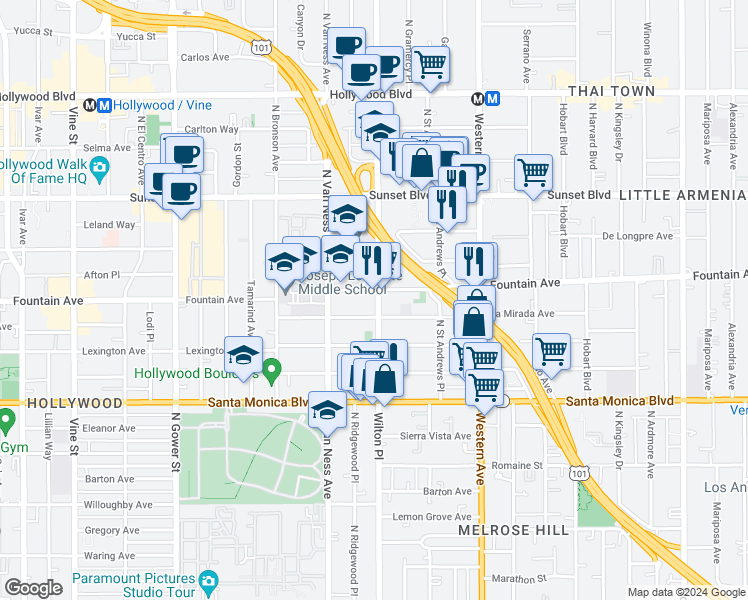 map of restaurants, bars, coffee shops, grocery stores, and more near 1309 North Wilton Place in Los Angeles