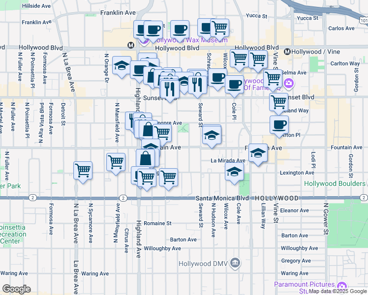 map of restaurants, bars, coffee shops, grocery stores, and more near 1320 North Cherokee Avenue in Los Angeles