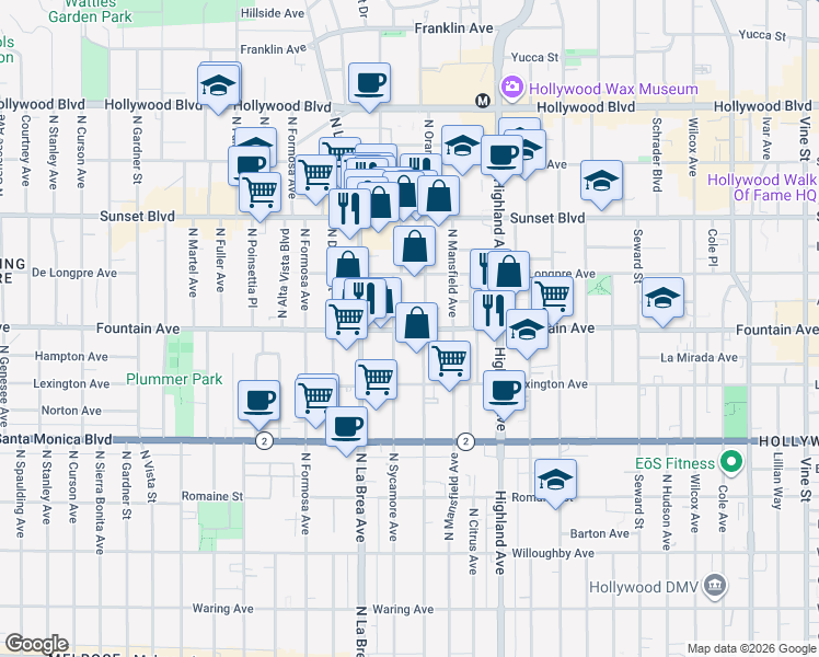 map of restaurants, bars, coffee shops, grocery stores, and more near in Los Angeles