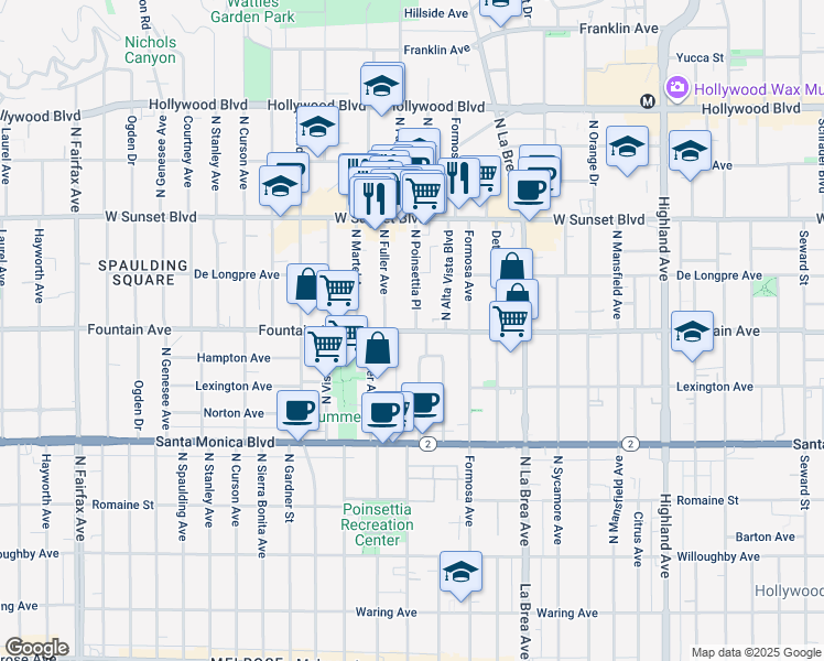 map of restaurants, bars, coffee shops, grocery stores, and more near 1321 North Poinsettia Place in Los Angeles
