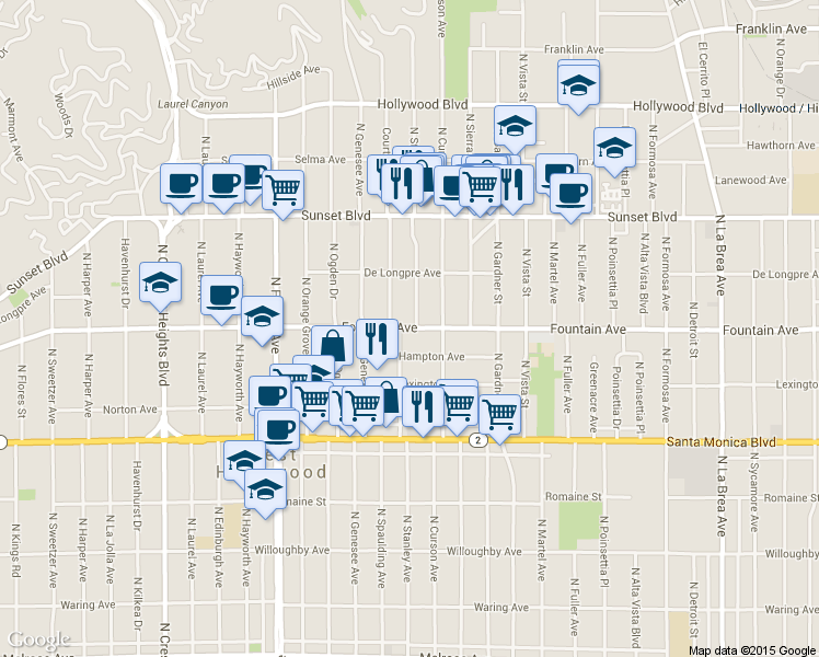 map of restaurants, bars, coffee shops, grocery stores, and more near 1317 North Stanley Avenue in Los Angeles