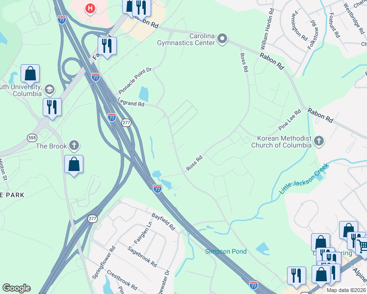 map of restaurants, bars, coffee shops, grocery stores, and more near 2048 Legrand Road in Columbia