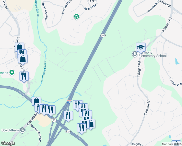 map of restaurants, bars, coffee shops, grocery stores, and more near 2107 East Maddox Road in Buford