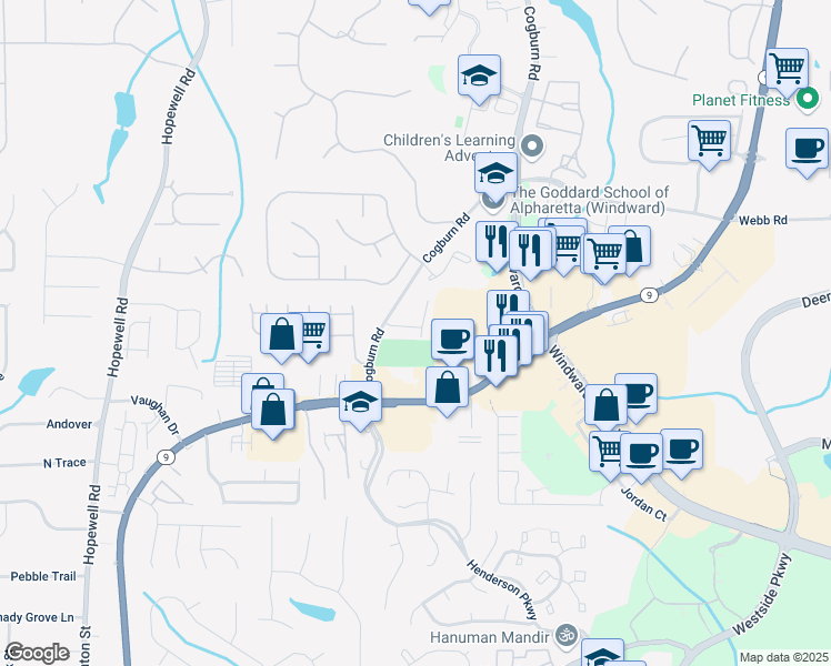 map of restaurants, bars, coffee shops, grocery stores, and more near 12890 Cogburn Overlook in Alpharetta