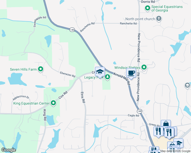 map of restaurants, bars, coffee shops, grocery stores, and more near 511 Etris Court in Roswell