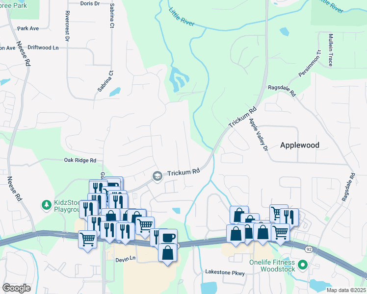 map of restaurants, bars, coffee shops, grocery stores, and more near 705 Trickum Valley Drive in Woodstock