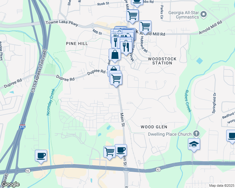 map of restaurants, bars, coffee shops, grocery stores, and more near 9010 Main Street in Woodstock