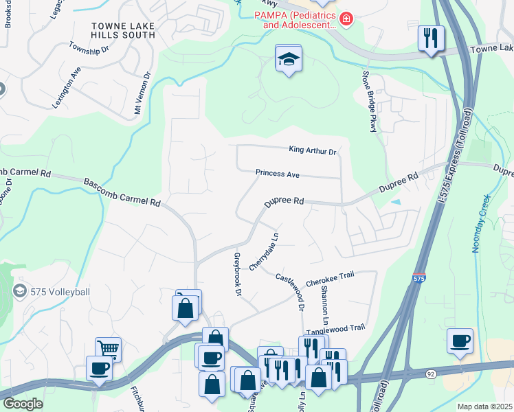 map of restaurants, bars, coffee shops, grocery stores, and more near 1504 Dupree Road in Woodstock