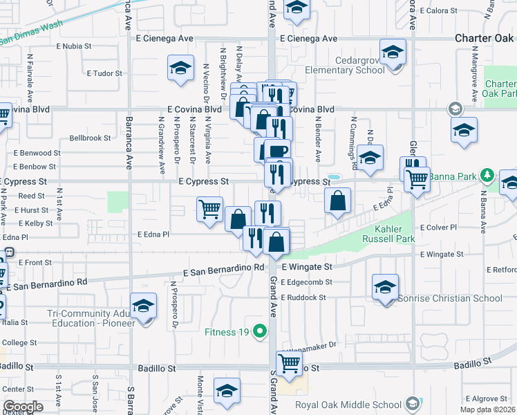 map of restaurants, bars, coffee shops, grocery stores, and more near 4503 North Glenvina Avenue in Covina