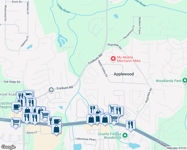 map of restaurants, bars, coffee shops, grocery stores, and more near 256 Regent Square in Woodstock