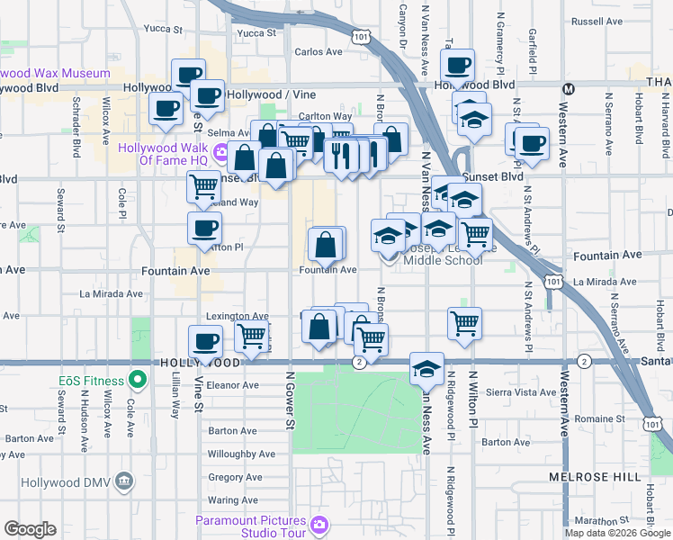 map of restaurants, bars, coffee shops, grocery stores, and more near Fountain Avenue & Gordon Street in Los Angeles