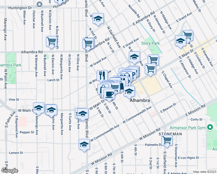 map of restaurants, bars, coffee shops, grocery stores, and more near 32 North 4th Street in Alhambra