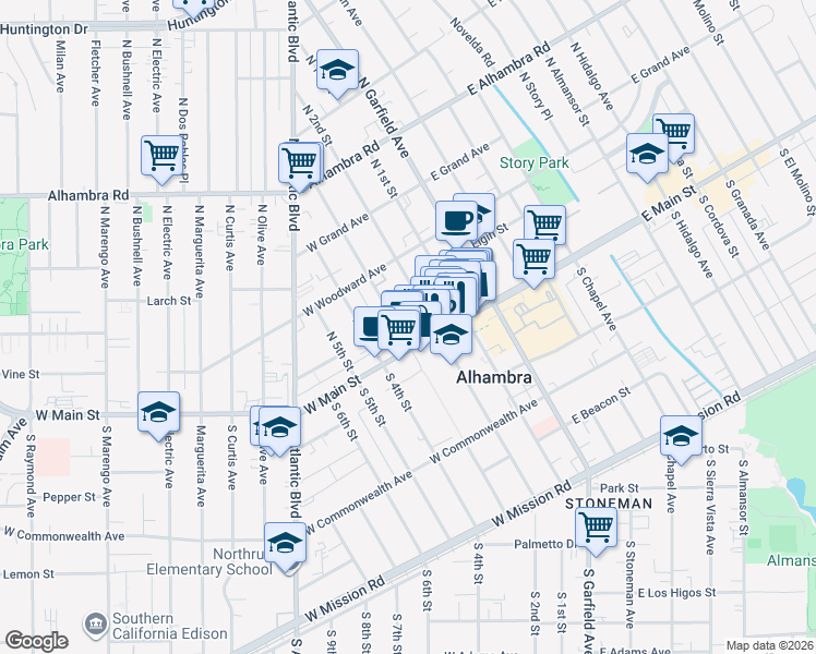 map of restaurants, bars, coffee shops, grocery stores, and more near 28 North 3rd Street in Alhambra