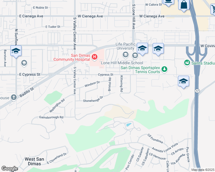 map of restaurants, bars, coffee shops, grocery stores, and more near 913 Bristol Road in San Dimas