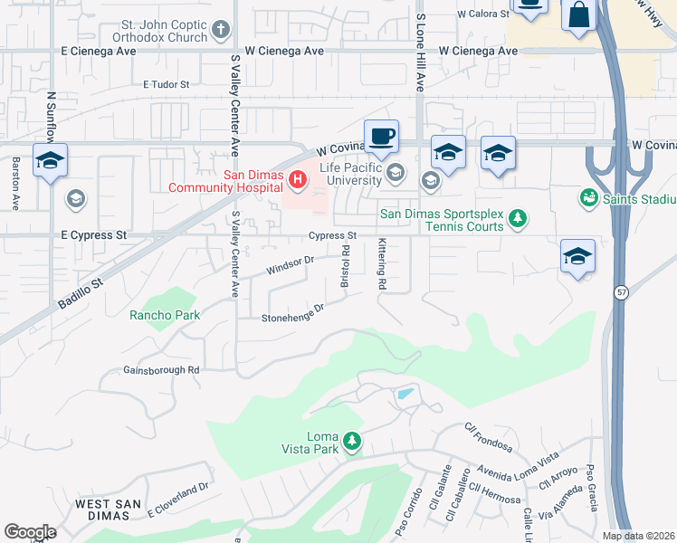map of restaurants, bars, coffee shops, grocery stores, and more near 822 Bristol Road in San Dimas