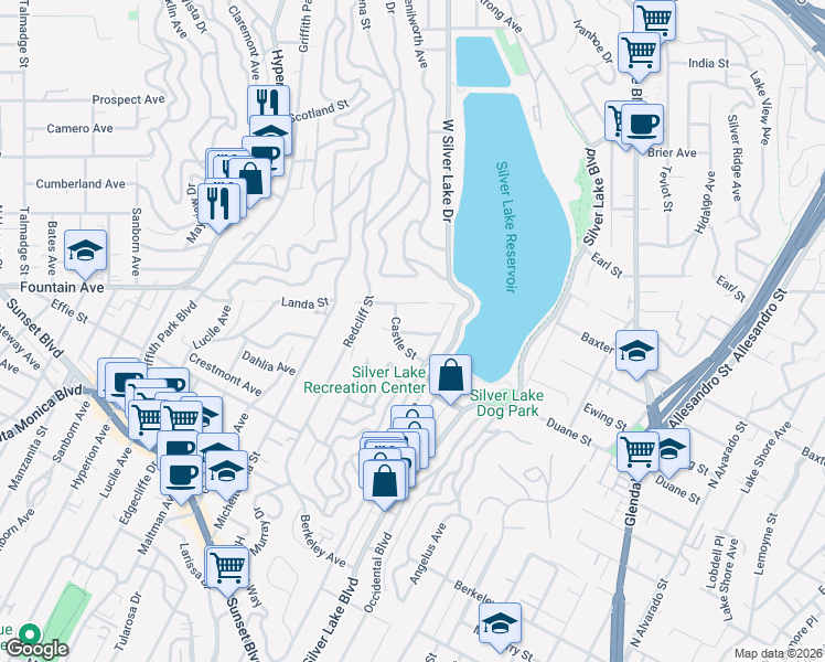 map of restaurants, bars, coffee shops, grocery stores, and more near 3040 Landa Street in Los Angeles