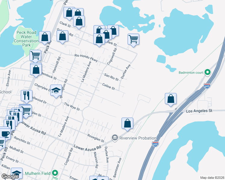 map of restaurants, bars, coffee shops, grocery stores, and more near 12066 Celine Street in El Monte