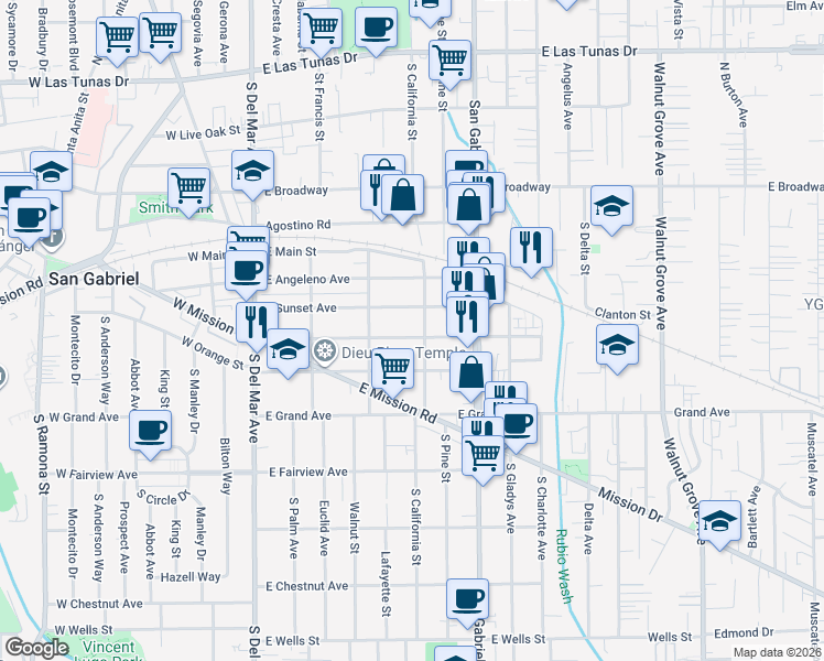 map of restaurants, bars, coffee shops, grocery stores, and more near 613 East El Monte Street in San Gabriel