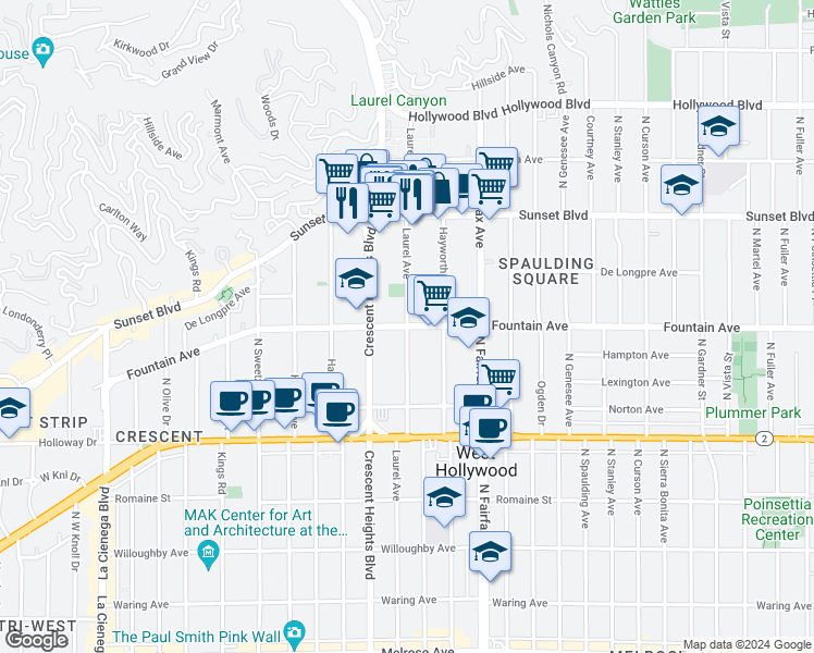 map of restaurants, bars, coffee shops, grocery stores, and more near Fountain Avenue & North Laurel Avenue in Los Angeles