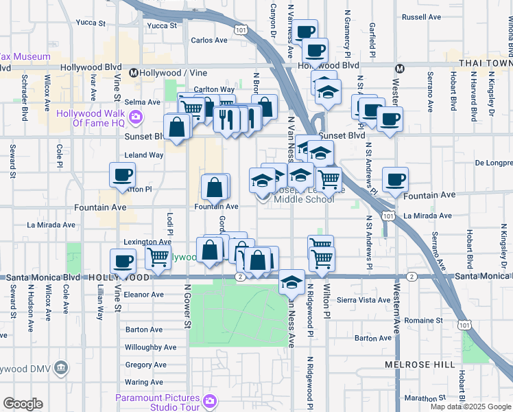 map of restaurants, bars, coffee shops, grocery stores, and more near Fountain Ave & N Bronson Ave in Los Angeles