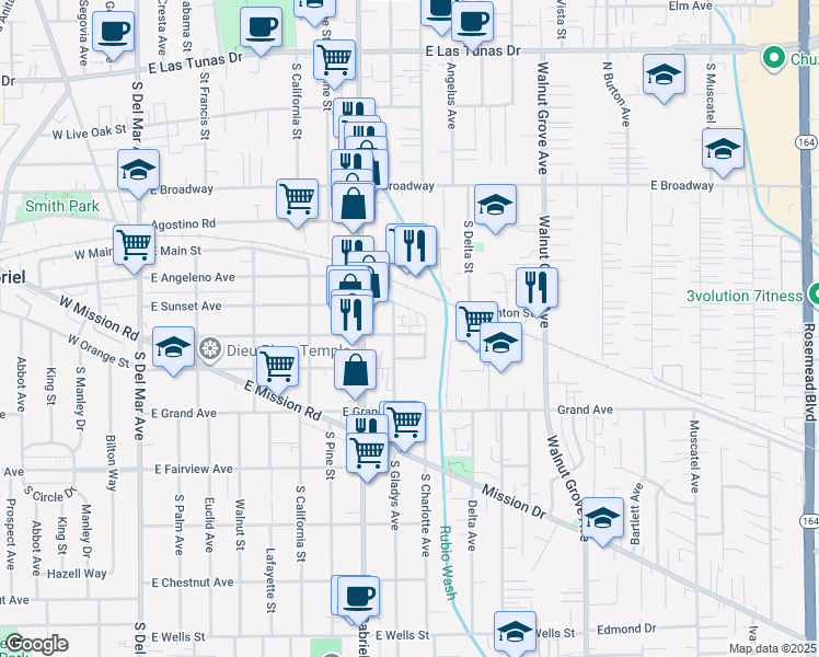 map of restaurants, bars, coffee shops, grocery stores, and more near 818 Santa Fe Avenue in San Gabriel