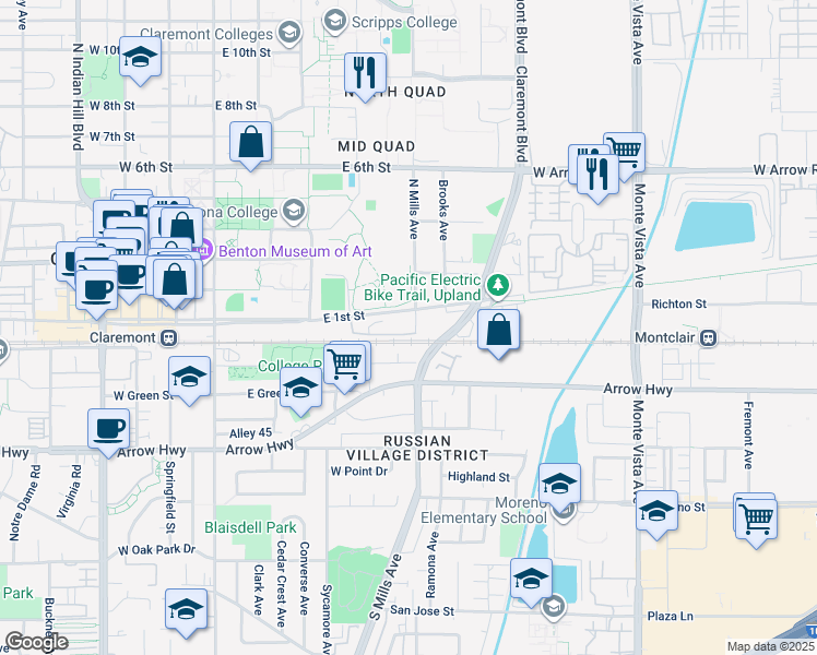 map of restaurants, bars, coffee shops, grocery stores, and more near 101 North Mills Avenue in Claremont