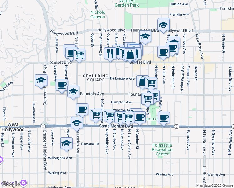 map of restaurants, bars, coffee shops, grocery stores, and more near North Stanley Avenue in West Hollywood