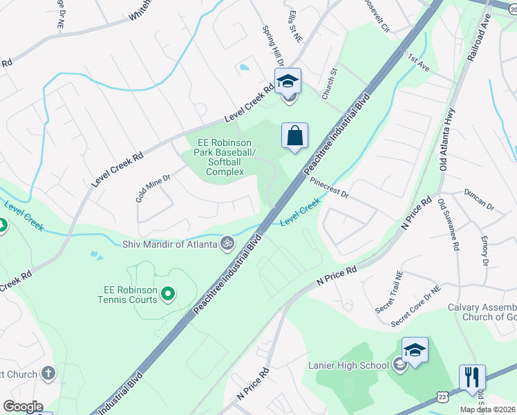 map of restaurants, bars, coffee shops, grocery stores, and more near 4745 Diggers Way in Sugar Hill