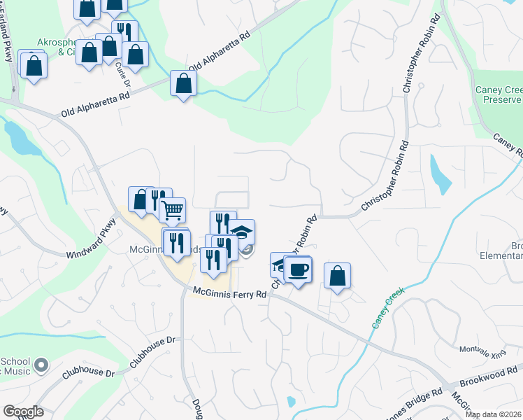 map of restaurants, bars, coffee shops, grocery stores, and more near 1070 Honor Run in Alpharetta