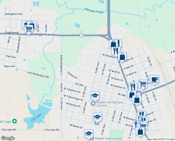 map of restaurants, bars, coffee shops, grocery stores, and more near 307 North 9th Avenue in Madill