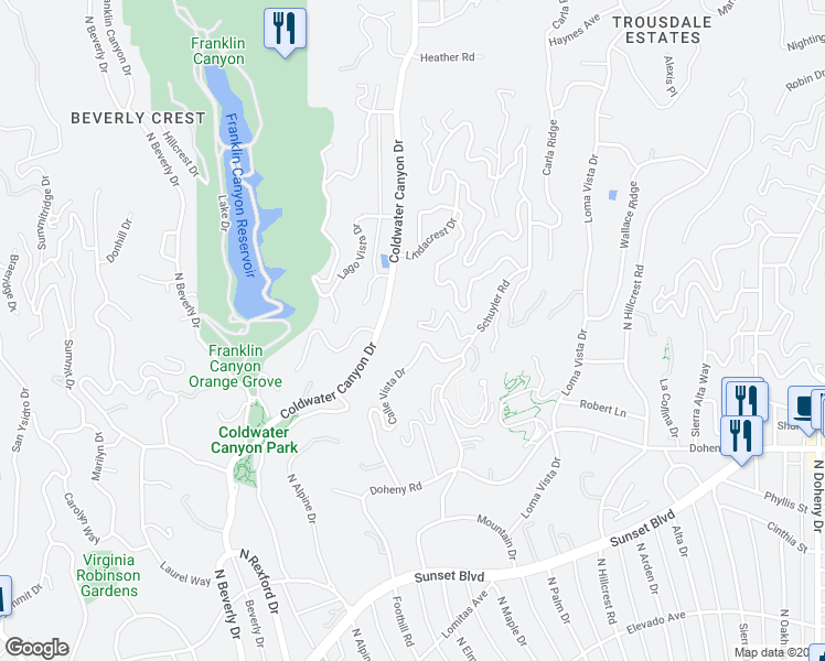 map of restaurants, bars, coffee shops, grocery stores, and more near 1131 Miradero Road in Beverly Hills