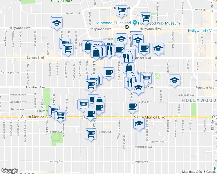map of restaurants, bars, coffee shops, grocery stores, and more near 7009 Fountain Avenue in Los Angeles