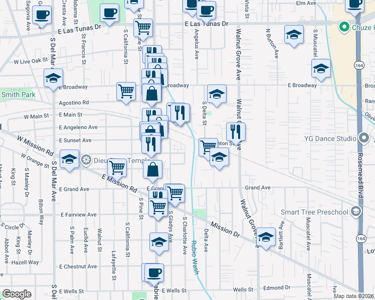 map of restaurants, bars, coffee shops, grocery stores, and more near 620 South Gladys Avenue in San Gabriel