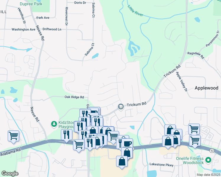 map of restaurants, bars, coffee shops, grocery stores, and more near 510 Drifton Way in Woodstock