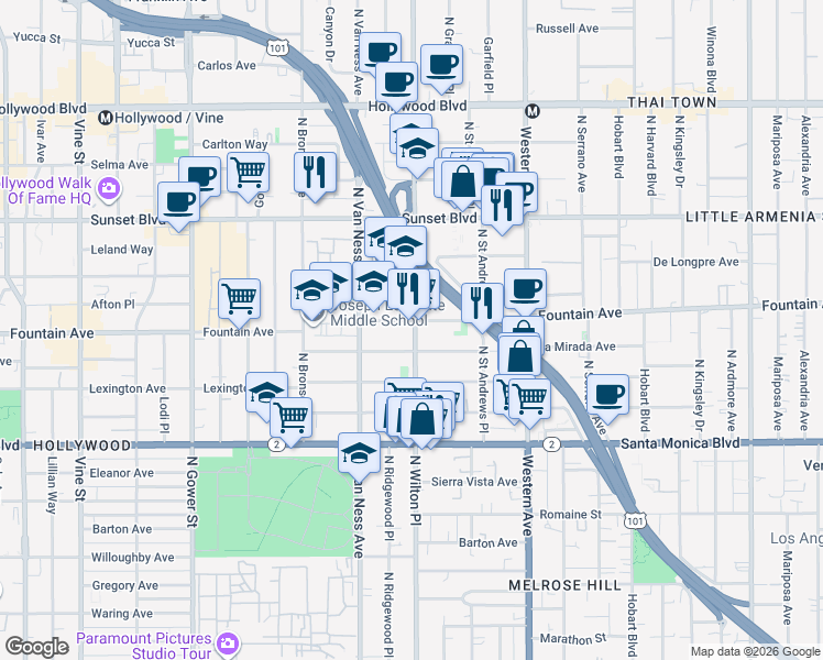 map of restaurants, bars, coffee shops, grocery stores, and more near 1275 North Wilton Place in Los Angeles