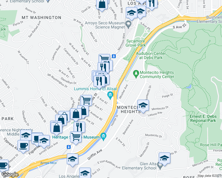 map of restaurants, bars, coffee shops, grocery stores, and more near 136 East Avenue 44 in Los Angeles