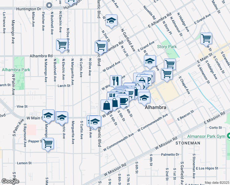 map of restaurants, bars, coffee shops, grocery stores, and more near 109 North 4th Street in Alhambra