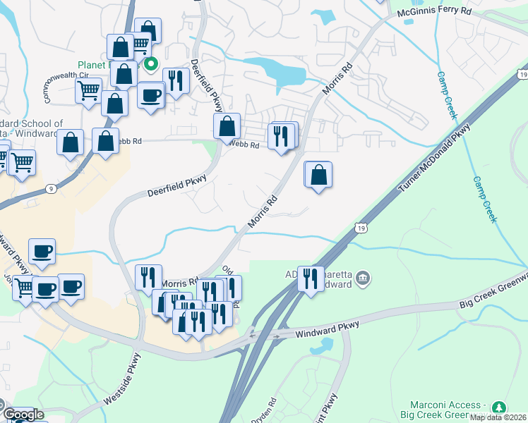 map of restaurants, bars, coffee shops, grocery stores, and more near 13010 Morris Road in Alpharetta