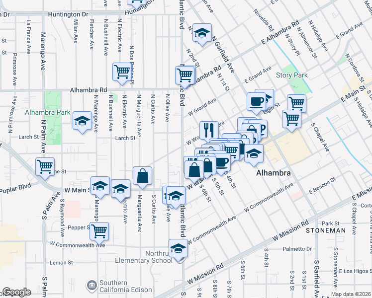 map of restaurants, bars, coffee shops, grocery stores, and more near 322 North Atlantic Boulevard in Alhambra