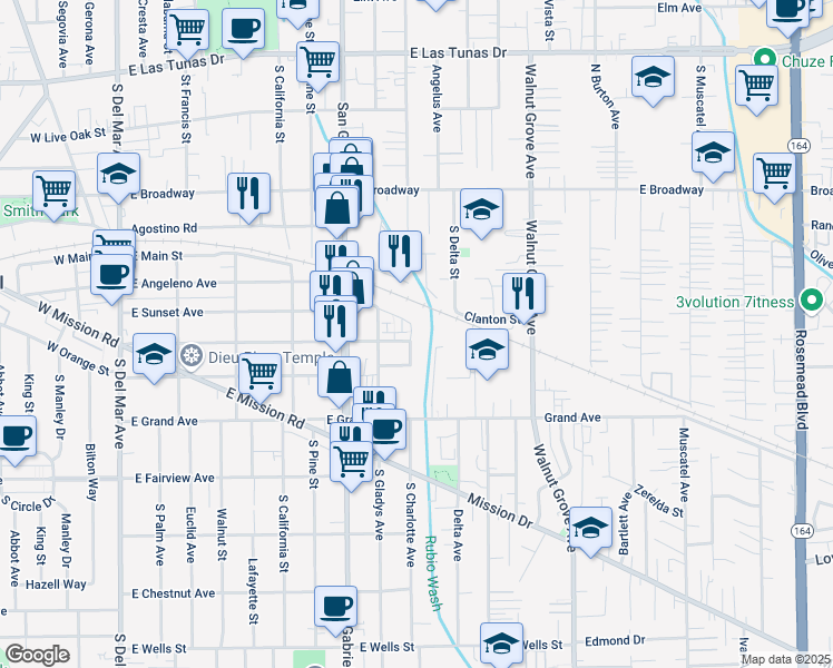 map of restaurants, bars, coffee shops, grocery stores, and more near 620 South Gladys Avenue in San Gabriel