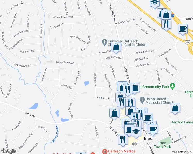 map of restaurants, bars, coffee shops, grocery stores, and more near 407 Harleston Road in Irmo