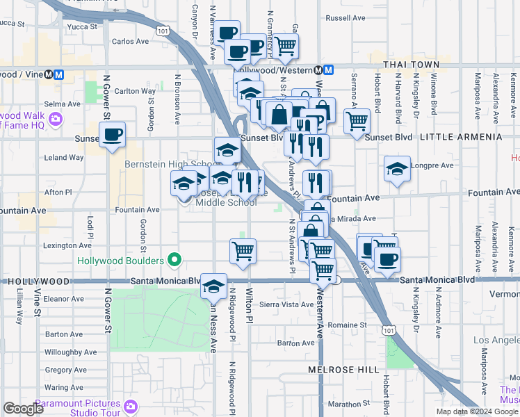 map of restaurants, bars, coffee shops, grocery stores, and more near 5656 Fountain Avenue in Los Angeles