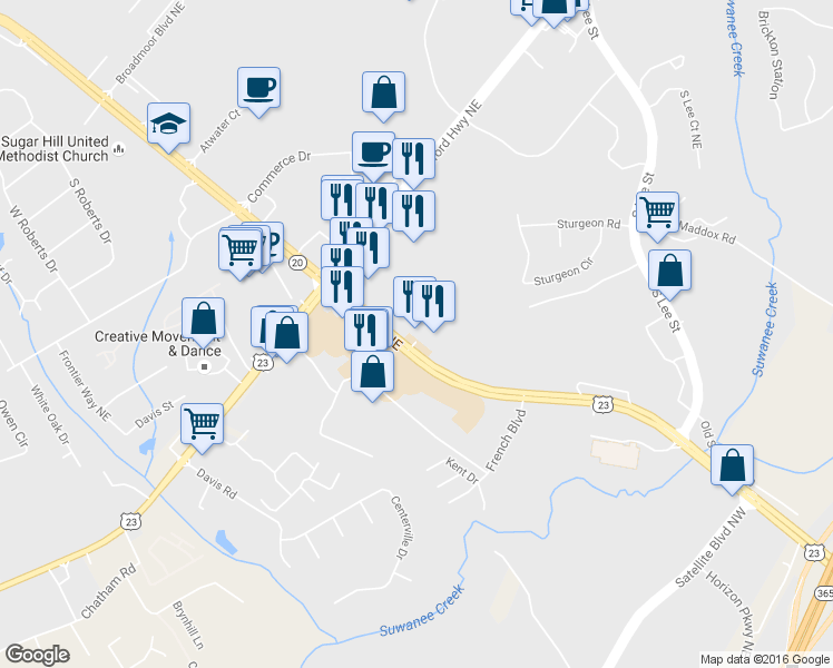 map of restaurants, bars, coffee shops, grocery stores, and more near 4325 Highway 20 in Buford