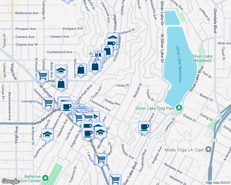 map of restaurants, bars, coffee shops, grocery stores, and more near 3519 Carnation Avenue in Los Angeles