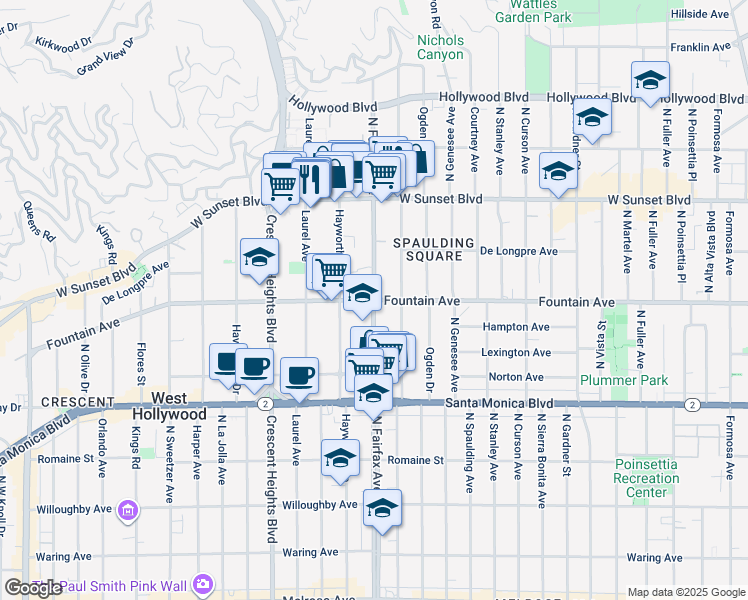 map of restaurants, bars, coffee shops, grocery stores, and more near Fountain Ave & N Fairfax Ave in West Hollywood