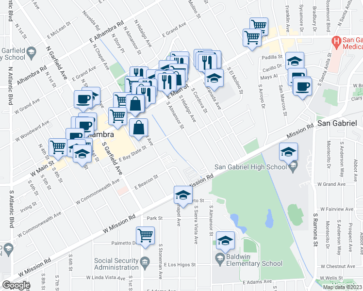 map of restaurants, bars, coffee shops, grocery stores, and more near 309 South Almansor Street in Alhambra