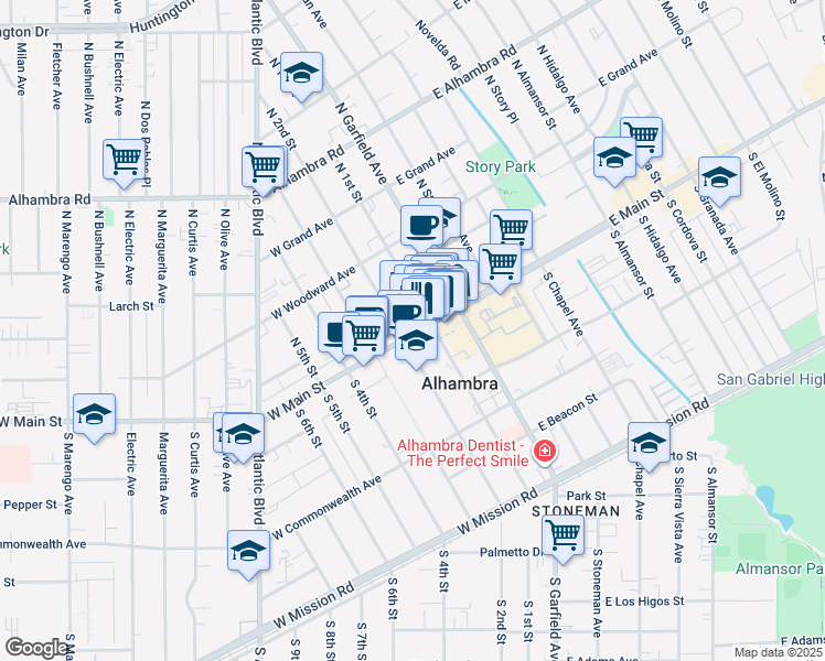 map of restaurants, bars, coffee shops, grocery stores, and more near 131 West Main Street in Alhambra