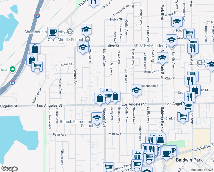 map of restaurants, bars, coffee shops, grocery stores, and more near 4544 Merced Avenue in Baldwin Park