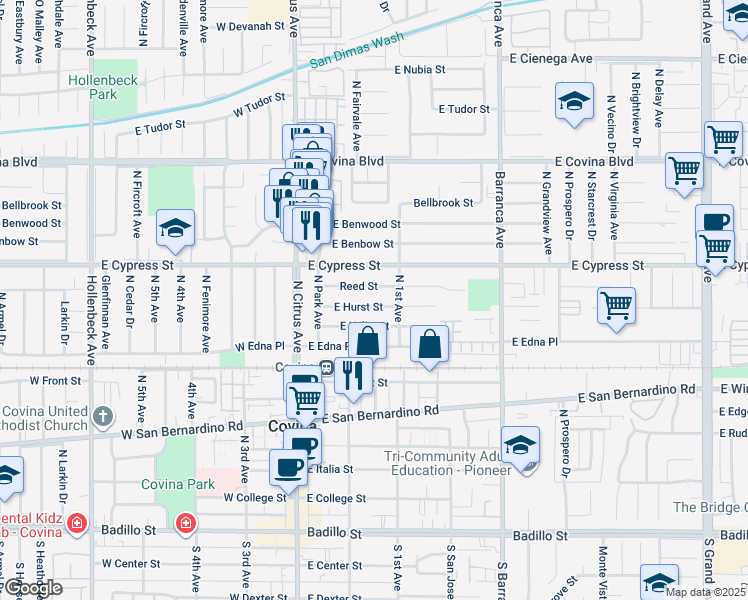 map of restaurants, bars, coffee shops, grocery stores, and more near 254 Reed Street in Covina